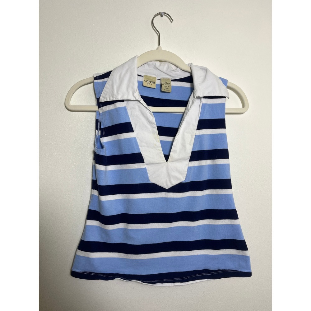 Copper Key Blue Striped Sleeveless‎ Polo Shirt V-Neck Preppy Cotton Blend